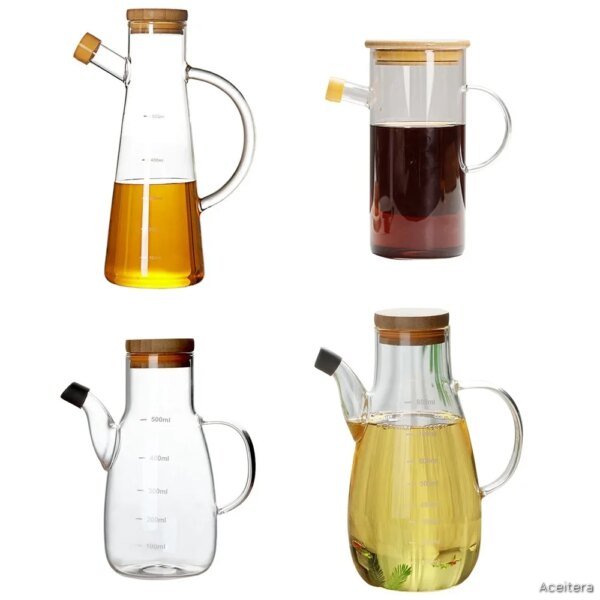 Dispensador de Vidrio con Tapa de Madera y Asa 800 ml para Aceite y Vinagre