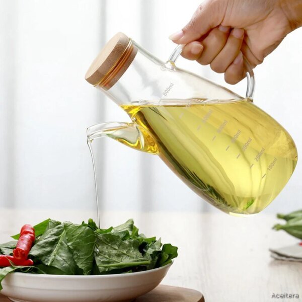 Dispensador de Vidrio con Tapa de Madera y Asa 800 ml para Aceite y Vinagre