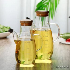 Dispensador de Vidrio con Tapa de Madera y Asa 800 ml para Aceite y Vinagre