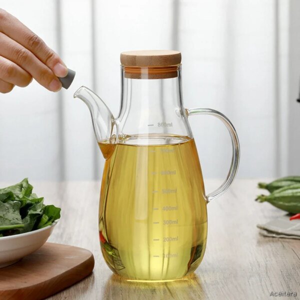 Dispensador de Vidrio con Tapa de Madera y Asa 800 ml para Aceite y Vinagre