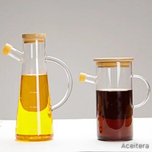 Dispensador de Vidrio con Tapa de Madera y Asa 800 ml para Aceite y Vinagre