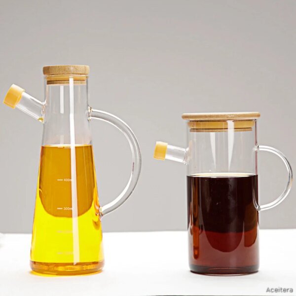 Dispensador de Vidrio con Tapa de Madera y Asa 800 ml para Aceite y Vinagre