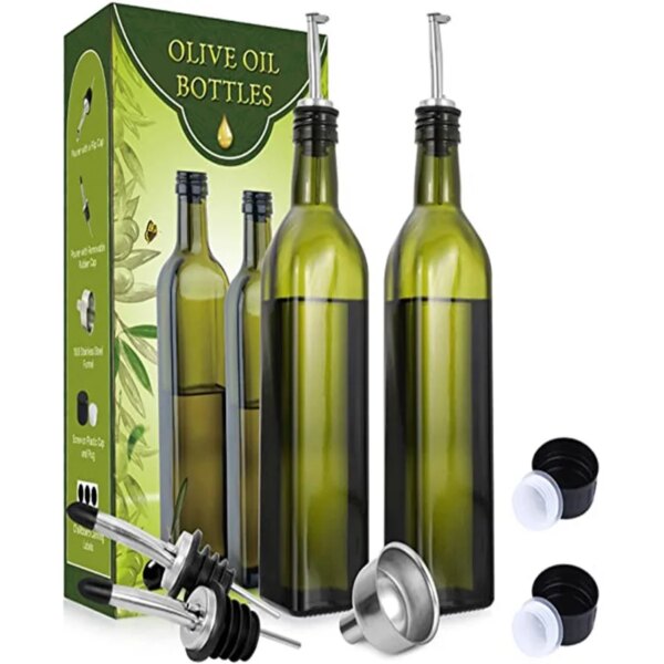 Set Botellas de Cristal Verde 500 ml para Aceite y Vinagre con Vertedor