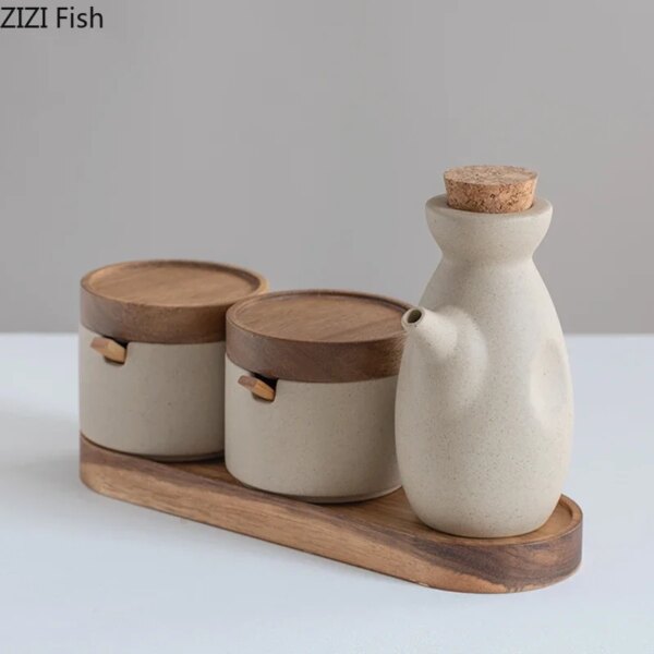 Set 2 Tarros Cerámica + Aceitera Japonesa con Bandeja