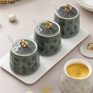 Set 3 Tarros Cerámica Nordic con Tapa Dorada y Cuchara