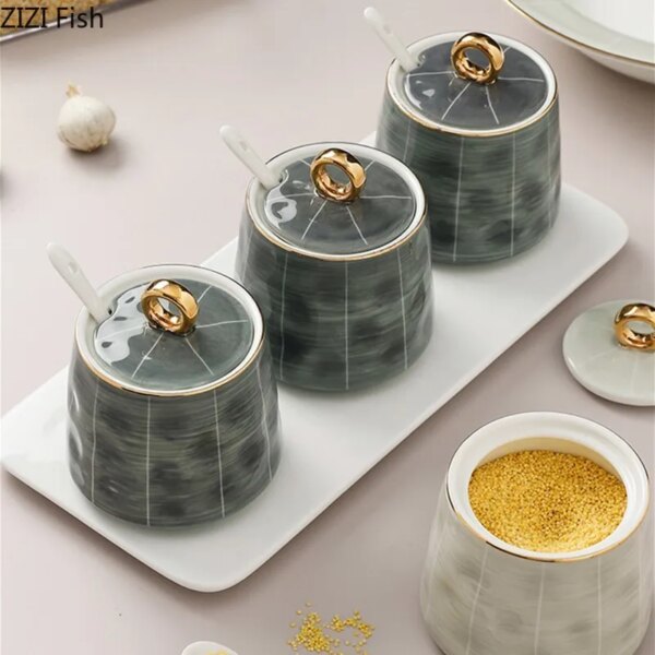 Set 3 Tarros Cerámica Nordic con Tapa Dorada y Cuchara
