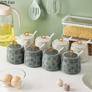 Set 3 Tarros Cerámica Nordic con Tapa Dorada y Cuchara