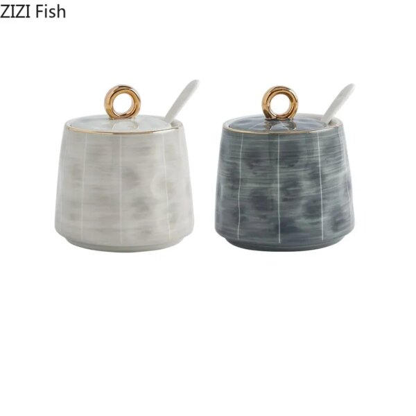 Set 3 Tarros Cerámica Nordic con Tapa Dorada y Cuchara