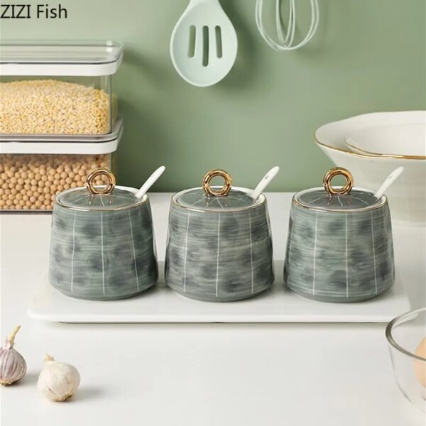 Set 3 Tarros Cerámica Nordic con Tapa Dorada y Cuchara