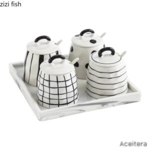 Tarro Cerámico Creativo Blanco y Negro con Cuchara – 400 ml