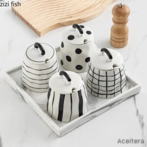Tarro Cerámico Creativo Blanco y Negro con Cuchara – 400 ml