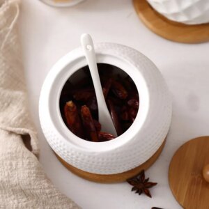 Tarro Cerámico Diamante con Tapa y Base de Madera – 350 ml