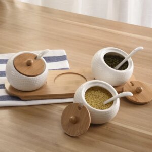 Tarro Cerámico Diamante con Tapa y Base de Madera – 350 ml
