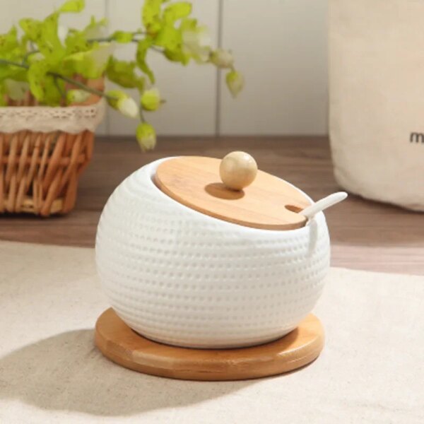 Tarro Cerámico Diamante con Tapa y Base de Madera – 350 ml