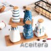Set de 4 Dispensadores Cerámica Estilo Japonés con Bandeja de Madera