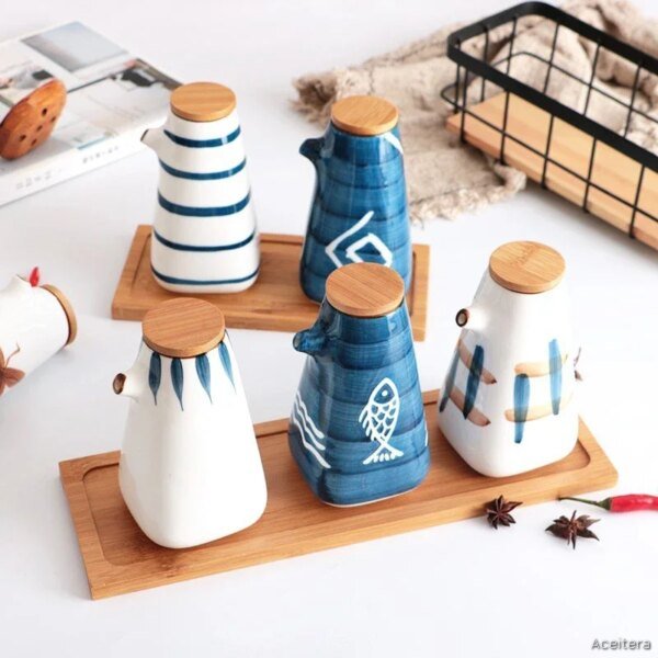 Set de 4 Dispensadores Cerámica Estilo Japonés con Bandeja de Madera