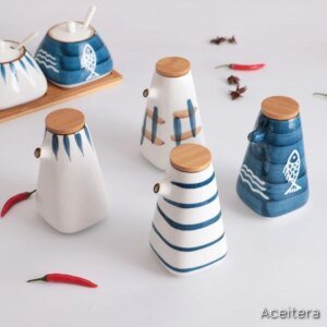 Set de 4 Dispensadores Cerámica Estilo Japonés con Bandeja de Madera