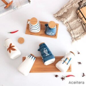 Set de 4 Dispensadores Cerámica Estilo Japonés con Bandeja de Madera