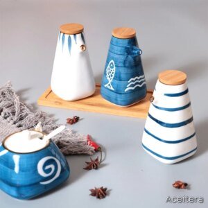 Set de 4 Dispensadores Cerámica Estilo Japonés con Bandeja de Madera