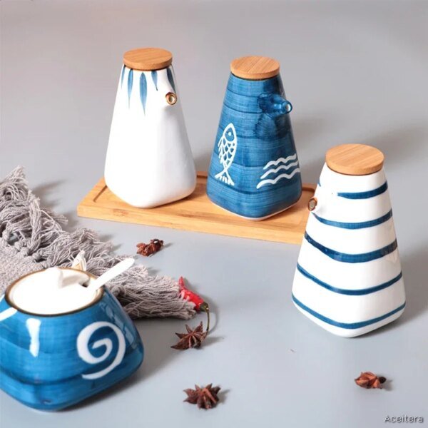 Set de 4 Dispensadores Cerámica Estilo Japonés con Bandeja de Madera