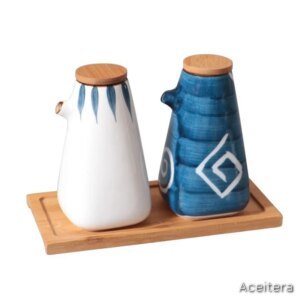 Set de 4 Dispensadores Cerámica Estilo Japonés con Bandeja de Madera