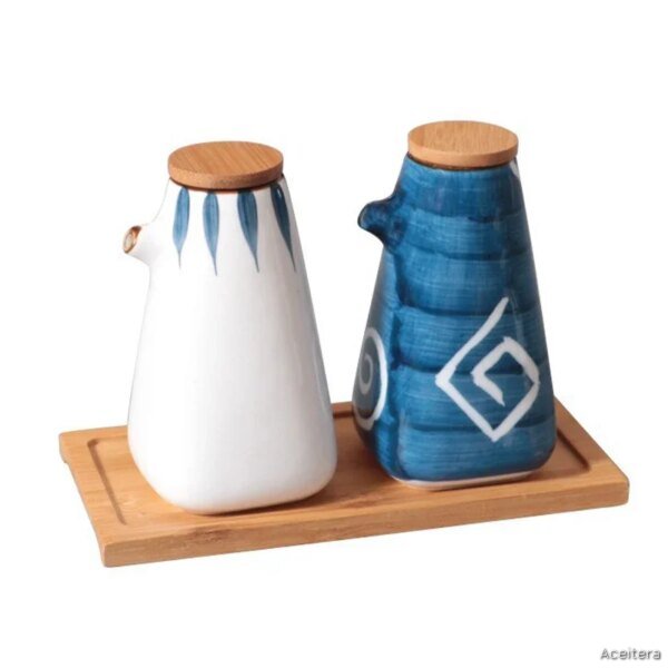 Set de 4 Dispensadores Cerámica Estilo Japonés con Bandeja de Madera