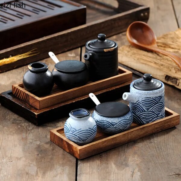 Set Zen de 3 Tarros Cerámica con Bandeja de Madera