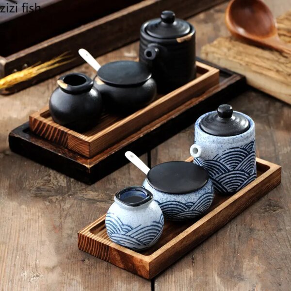 Set Zen de 3 Tarros Cerámica con Bandeja de Madera