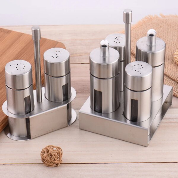 Set 4 Dispensadores de Acero Inoxidable con Base – Aceite, Vinagre y Especias