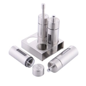 Set 4 Dispensadores de Acero Inoxidable con Base – Aceite, Vinagre y Especias