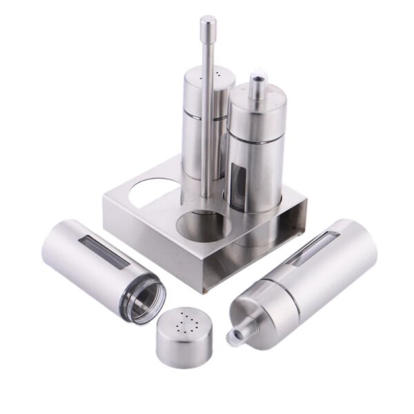 Set 4 Dispensadores de Acero Inoxidable con Base – Aceite, Vinagre y Especias