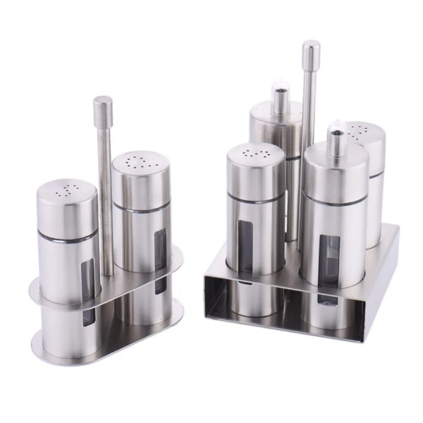 Set 4 Dispensadores de Acero Inoxidable con Base – Aceite, Vinagre y Especias